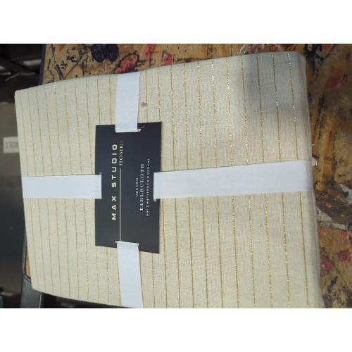 Solino Home Linen Square Tablecloth 52 x 52 Inch - Pinstripe, 100% Pure Linen Ivory and Black Table Throw - Machine Washable Tablecloth for Fall, Autumn, Thanksgiving, Christmas, Holiday