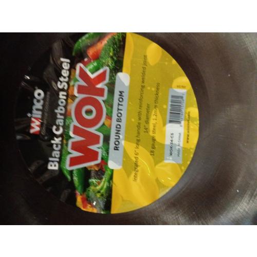 Winco 14 Carbon Steel Wok, Integrated Hdl, Black