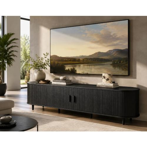 Modern TV Stand With Storage, Shelves, and Charger Black
