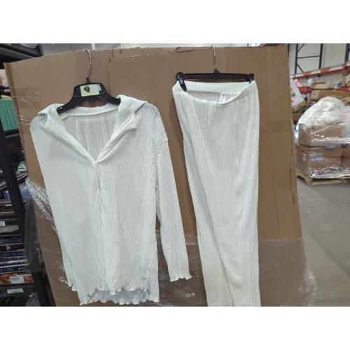 Medium Pleated 2 Piece Outfits for Women Long Sleeve Oversized Button Down Shirt Wide Leg Pants Sets Casual Loungewear