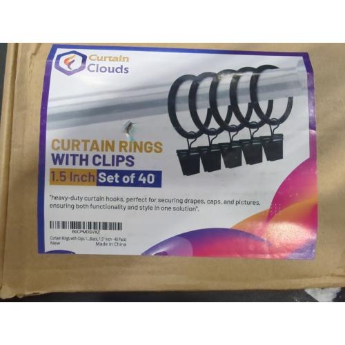 40 Pack of 1.5 Black Curtain Rings with Clips 1.5 Inch Set of 40 Heavy Duty Curtain Hooks for Drapes, Caps, Pictures - fits on Rod Diameter Upto 1.25Inch/32mm… (Black, 1.5 Inch - 40 Pack)