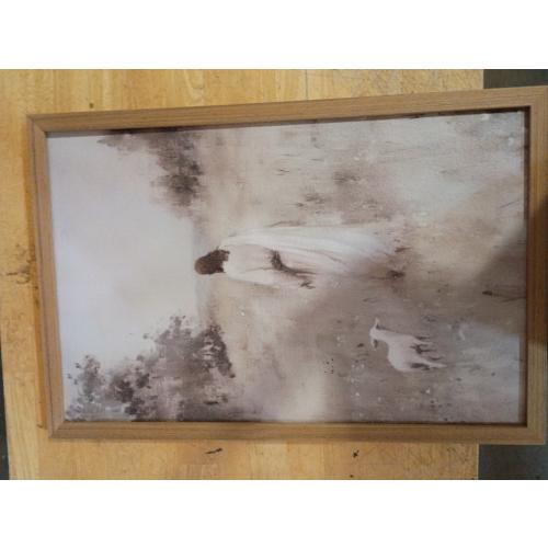 Jesus Leaves The 99 Sheep Wall Art Painting, Vintage Shepherd Christian Wall Decor Lost Lamb Religion Artwork 3D Textured Hand Drawn Sandstone for Living Prayer Room Bedroom 24x36 inch Wood Framed