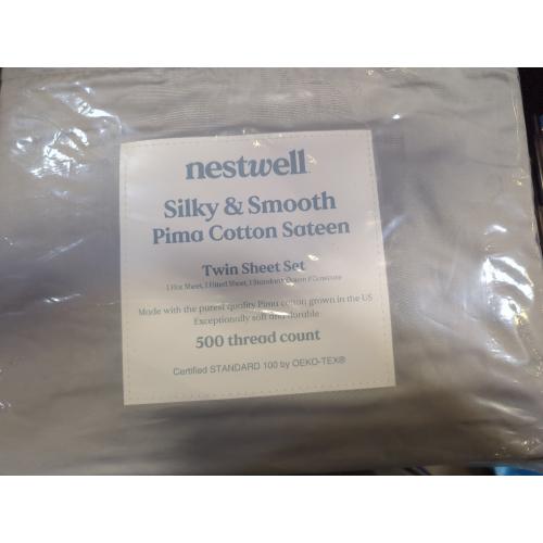 Harbor Mist Twin Size Nestwell Pima Cotton Sateen 500-Thread-Count Twin Sheet Set in Harbor Mist