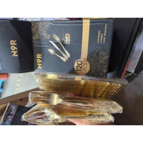 N9R 300pcs Gold Plastic Silverware Dinnerware Flatware- Heavyweight Plastic Cutlery Set, 100 Forks, 100 Spoons, 100 Knives, Gold Utensils for Party, Thanksgiving, Christmas