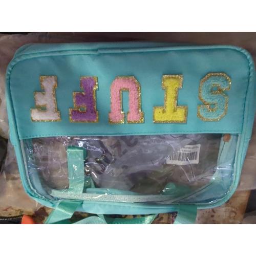 Chenille Letter Clear Makeup Bag Stuff Patch, Travel Toiletry Makeup Bag with Handle, Nylon Waterproof Makeup Bags clear cosmetic bag, preppy patch makeup bag for Women (STUFF-Mint Green)