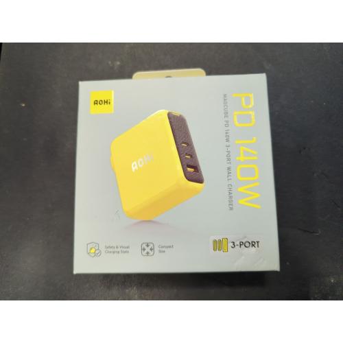 Yellow AOHI Magcube 140W USB C Charger PD3.1 3-Port GaN  Laptop Wall Charger 100W Fast Charging Power Adapter Foldable Plug for MacBook Pro 16'', Dell XPS, iPad Pro, Galaxy, iPhone 15 Pro, Chromebook, Yellow