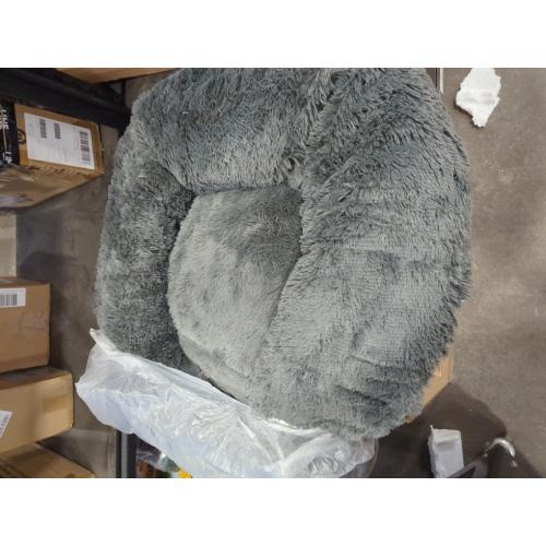 Furhaven 36 Round Calming Donut Dog Bed for Large/Medium Dogs, Refillable w/ Removable Washable Cover, For Dogs Up to 75 lbs - Shaggy Plush Long Faux Fur Donut Bed - Gray, Large