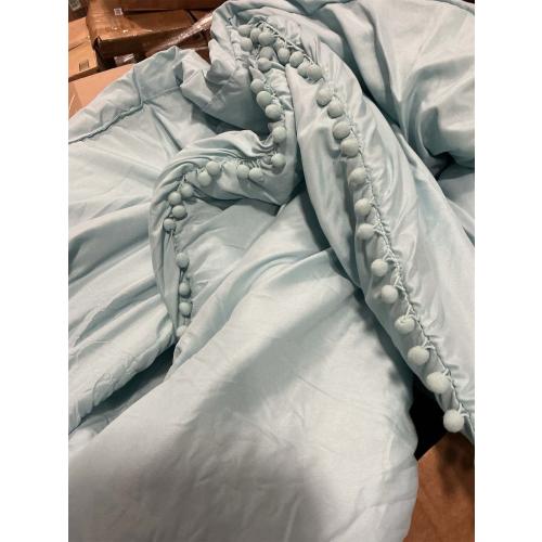 PERFEMET 3 Pieces Full Bed in A Bag Light Blue Pom Pom Bedding Set for Girls Boys Soft Fluffy Boho Solid Bedding Comforter Set with Sheets(Light Blue, Full)