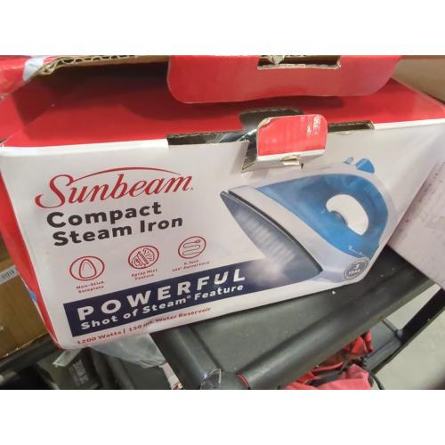 Color Blue Sunbeam Compact Steam Iron, 1200 Watts, Non-Stick Soleplate, Powerful Shot of Steam, Horizontal or Vertical, Spray Mist, Precision Tip, White/Blue