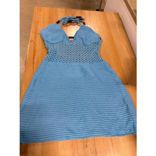 Women Halter Crochet Mini Dress Sexy Backless Knit Hollow Out Bodycon Y2k Party Dress for Club Streetwear Beach size L