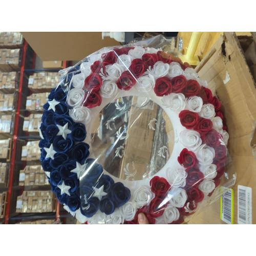 18Inch 4th of July Patriotic Roses Wreath, DILIBRA Red Blue White Foam Flower Wreath for Front Door, Artificial Memorial Day American Flag Wreath Garland Decoration for Indoor and Outdoor