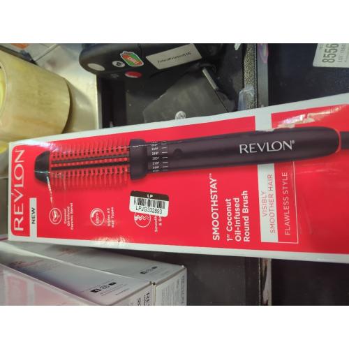 REVLON New and Improved SmoothStay Coconut Oil-Infused Heated Hair Styling Brush | 1” Barrel for Voluminous, Shiny Results (Black/Red)