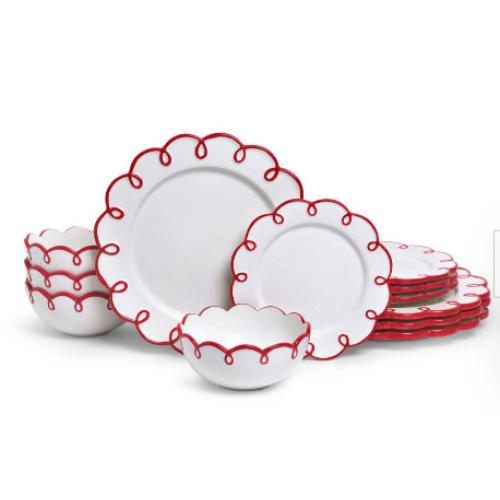 Sango 12-Piece Earthenware Dinnerware Set for 4, Glossy White Plates and Bowls Sets with Red Scalloped Rims,