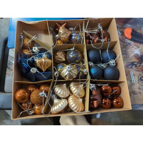 DecorbyHannah Mini Christmas Ornaments, 45ct Small Blue Copper Gold Christmas Tree Decorations, Assorted Tiny Celestial Shatterproof Plastic Decorative Hanging Ball Bulk Set for Xmas Home Table Decor