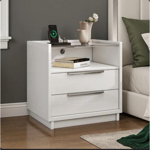 Modern High Gloss Nightstand With Charging Station White