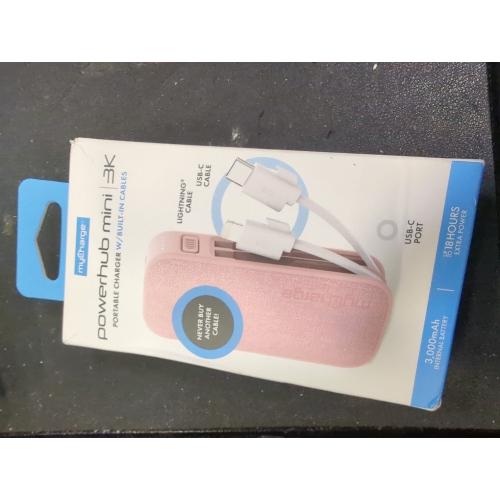 myCharge PowerHub Mini Portable Charger for iPhone - 3000mAh & Built in Cables (Lightning, Type C) 12W Turbo USB C Power Bank Fast Charging Battery Pack (Pink)