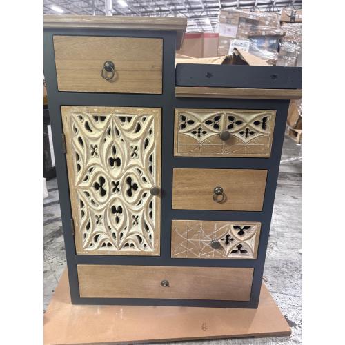 Farmhouse Accent Chest with Carved Door and 5-Drawers, Vintage Storage Cabinet Modern Dresser for Living Room, Entryway, Hallway, Multi-Drawer Organizer, Natural and Deep Blue. ( Damage see the pictures)