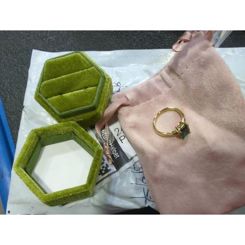 Green Gem Rectangle Ring (Golden) With Lime Case and Pink Pouch