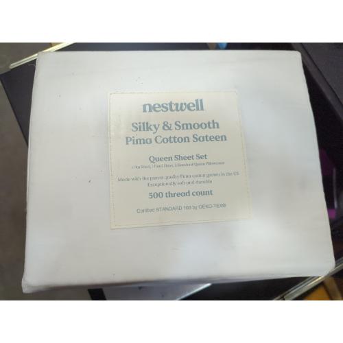 Nestwell Silky And Smooth Pima Cotton Sateen Queen Sheet Set 500 Thread Count Bright White