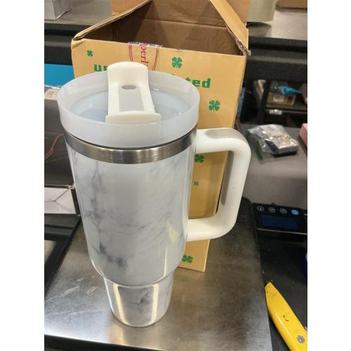 xigua 40 oz White Marble Tumbler with Handle and Straw Lid, Stainless Steel Vacuum Insulated Sports Water Bottle, Keeps Cold or Hot Coffee Cup Travel Mug