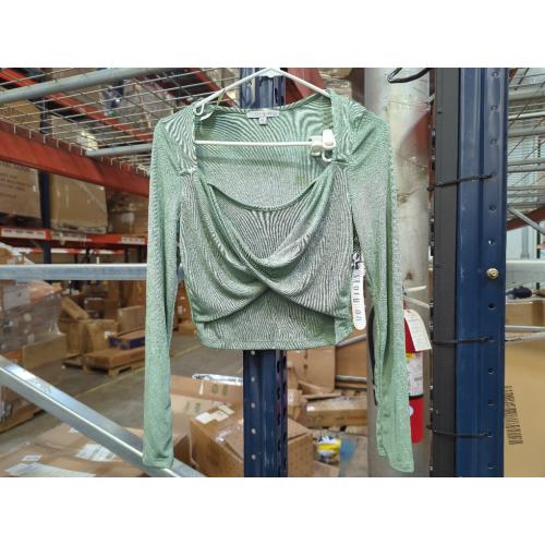 Size Large Color Green Twisted Velvety Long Sleeve Crop Top