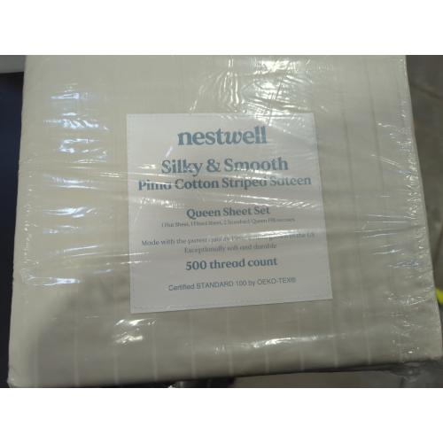 Nestwell Pima Cotton 500-Thread-Count Queen Sheet Set in Birch Stripe