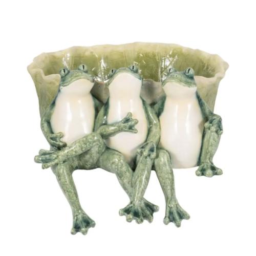 Green Resin Three Sitting Frogs with Leaf Bowl Decorative Planter