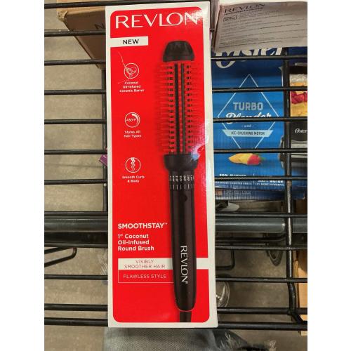 REVLON New and Improved SmoothStay Coconut Oil-Infused Heated Hair Styling Brush | 1” Barrel for Voluminous, Shiny Results (Black/Red)
