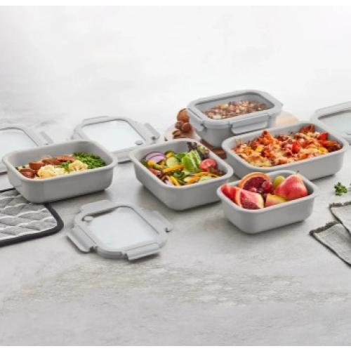 Safdie Ceramic Food Storage Set, 5 Containers with Glass Lids, Leak-Free Kitchen Containers (GRAY) ONE OF THE CONTAINERS IS CHIPPED