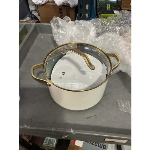 6qt Nonstick Ceramic Stock Pot with Glass Lid, Large Induction Compatible Soup Pot, Oven Safe & Dishwasher Safe, 9.6-Inch Aluminum Dutch Oven with Champagne Gold Handles, Cream