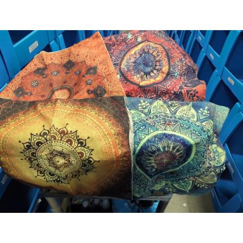 Set of 4 retro cushion covers with compass medallion and floral mandala, bohemian style, boho hippie decor, decorative cushions for sofa or armchair.