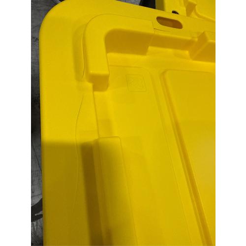 CX BLACK & YELLOW, 27-Gallon Heavy Duty Tough Storage Container & Snap-Tight Lid, (14.3H x 20.6W x 30.6D), Weather-Resistant Design and Stackable Organization Tote [4 Pack] - 1 cover missing, 3 covers damage