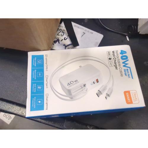 4-in-1 Retractable Gan Wall Charger Plug for iPhone 17 USB C,Travel Essentials Brick Multiport,3ft Lightening  Type C Cables,40W Fast Charging Foldable Block for iPhone 17 Pro/16/15/14/13,iPad,Galaxy