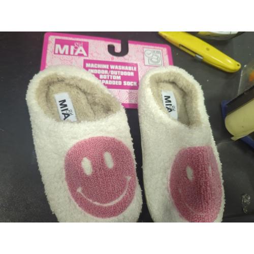 Size S  1M Color White Bevaney Smile Face Slippers for Women - Soft Plush Retro Preppy Slip-on Comfortable Indoor/Outdoor Shoes