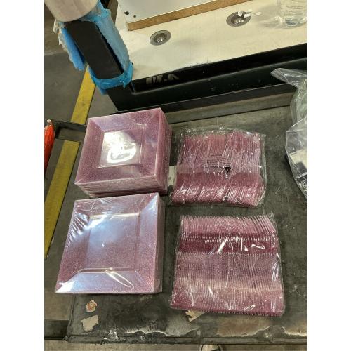 200 Pcs Pink Dessert Plates Including 100Pcs Appetizer plates 6'',100Pcs Plastic Forks 5.7'',Rose Glitter Plastic Square Plate for Wedding,Pink Salad plates and Cake forks for Birthday Party