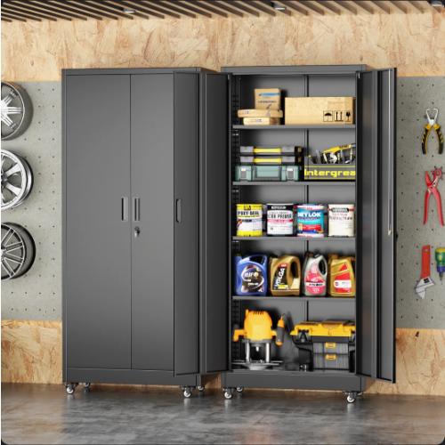 Black Metal Garage Storage Cabinets with Wheels, Rolling Tool Cabinet with Locking Doors and Adjustable Shelves