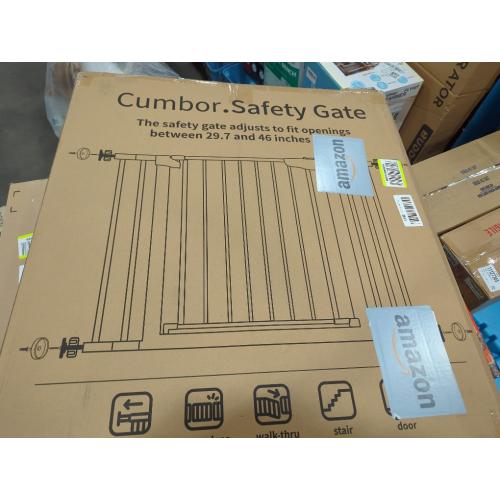 Cumbor 29.7-46 Baby Gate for Stairs, Toddler Safety Essentials for The House, Auto Close Dog Gate for Doorways, Mom's Choice Awards Winner-Easy Install Pressure Mounted Pet Gates for Dogs, White