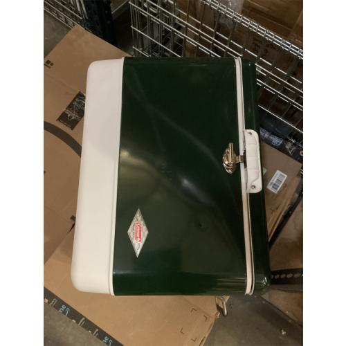 Coleman Vintage 54qt Steel Belted Cooler, Keeps Ice Up to 4 Days, 85-Can Capacity Hard Cooler with Drain & Have-A-Seat Lid has a few dents on lid and front