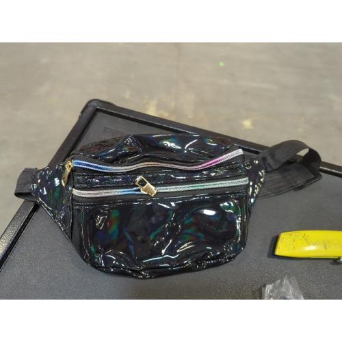 LIVACASA Holographic Fanny Packs for Women Cute Black Waist Packs Shiny Waist Bum Bag Waterproof for Travel Party Festival Running Hiking All Black