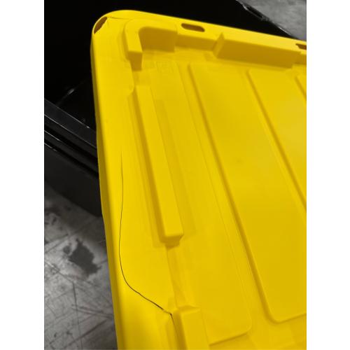 CX BLACK & YELLOW, 27-Gallon Heavy Duty Tough Storage Container & Snap-Tight Lid, (14.3H x 20.6W x 30.6D), Weather-Resistant Design and Stackable Organization Tote [4 Pack] - 1 cover missing, 3 covers damage