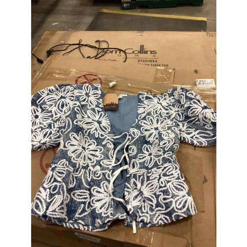 Denim Embroidered Crop Top with Front Tie Detail SIZE SMALL