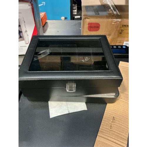 SONGMICS Watch Box, 10-Slot Watch Case Organizer with Large Glass Lid, Removable Pillows, Christmas Gift, Black Synthetic Leather, Black Lining UJWB010B02