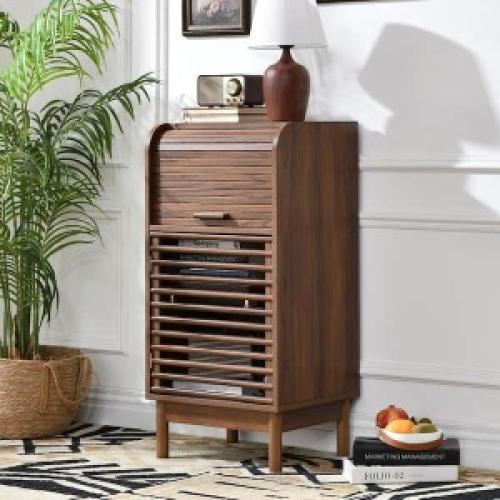Mid-Century Modern Accent Cabinet, Narrow Cabinet with Tambour Sliding Door and Slatted Front Design, Storage Cabinet with Adjustable Shelf for Living Room, Entryway, Hallway or Small Spaces