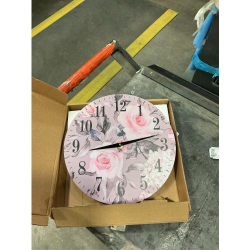 Mxocom Pink Flowers and Leaves Wall Clock Artistic Watercolor Rose Flower Grey Spring 10 Inch Silent Non Ticking Battery Operated Clock Vintage Round Clock for Living Room Bedroom Bathroom Decor