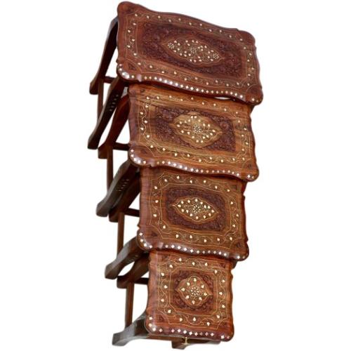 Handcrafted Nesting Table with Carving and Brass Work On Top for Living Room and Bed Room