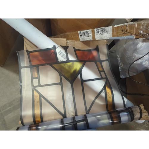 Original Hand Drawn Faux Stained Glass Window Film, Double-Sided Privacy Static Film, Amber Geometry Patterns Inspired by Hollyhock House, See Through 11.02X55.12