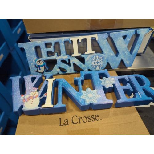 Jetec 2 Pieces Winter LED Snow Tabletop Centerpiece Table Snowflake Snowmen Wooden Sign Lighted Ornament for Snowflake Tiered Tray Decor Wonderland Christmas Party(Blue, White)