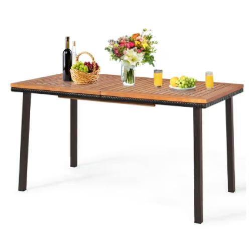 Patiojoy Acacia Table Dining Table w/ Hole Slatted Wood Surface for Indoors & Outdoors