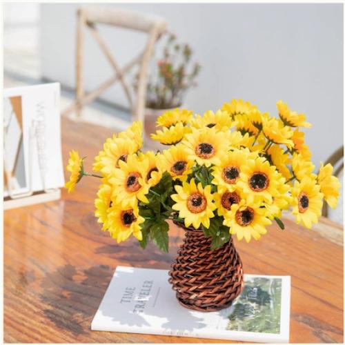 Velener Artificial Silk Sunflower with Rattan Vase Daisy Arrangement, Flowers & Stems, Sunflower Bouquet, Handmade Willow, Fake Flowers in Vase for Home Decor