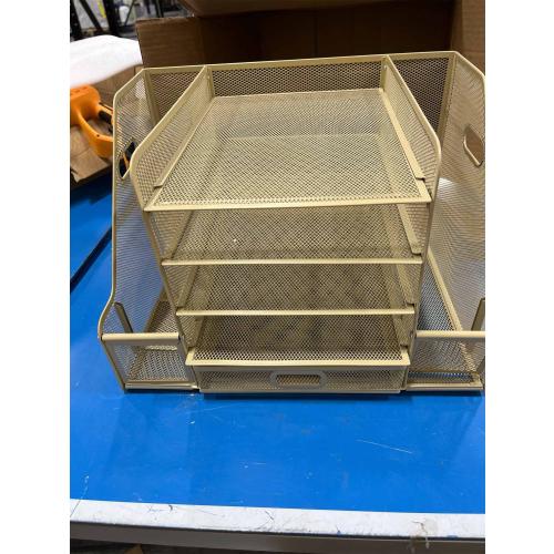 SUPEASY Mesh Desk Organizer with File Holder, 5-Tier Paper Letter Tray Organizer with Magazine Holder, Desktop Organizer and Storage with Drawer for Office Supplies Home or School, Gold